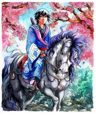 A watercolor painting by Jasu featuring a character and a horse.