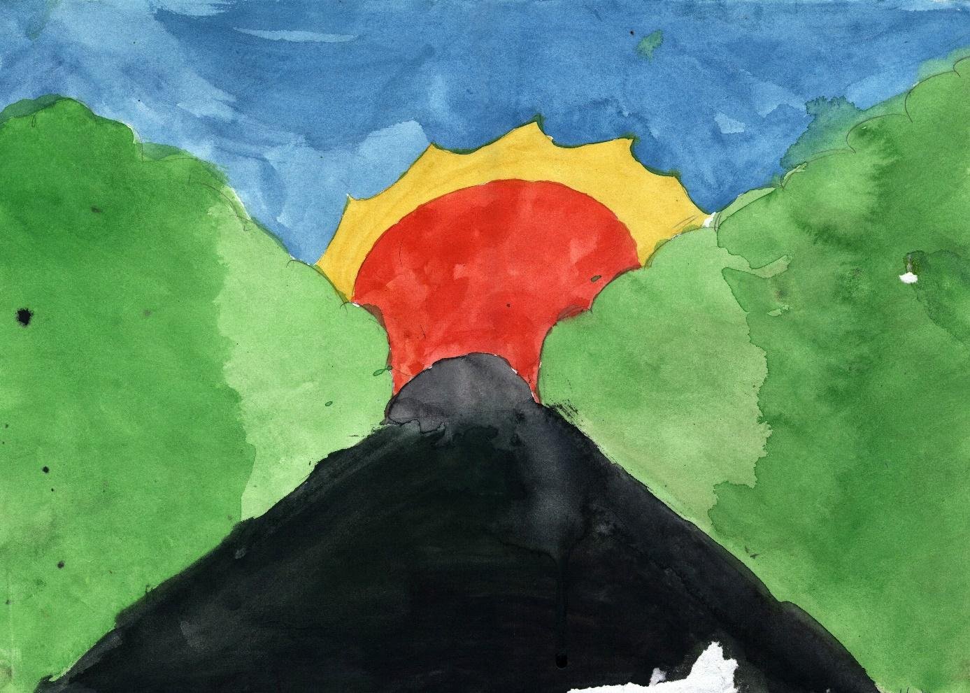 Simple watercolor of a black hill against a red and yellow sun