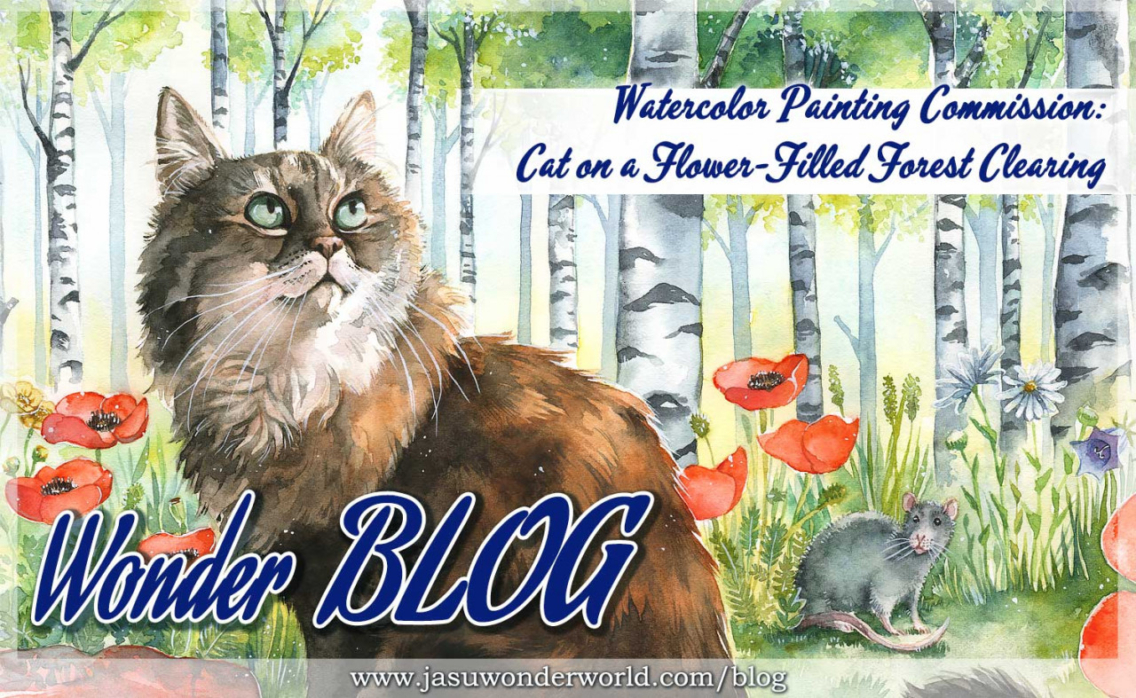 Watercolor Painting Commission: Cat on a Flower-Filled Forest Clearing