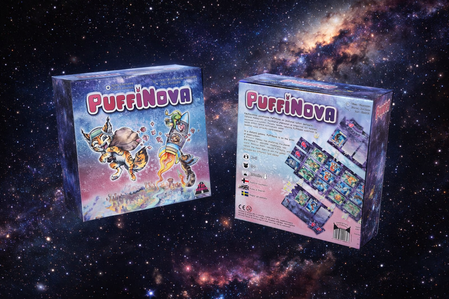 PuffiNova game box floating in space with fantasy creatures