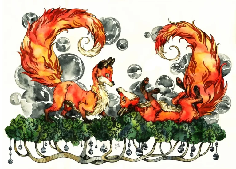 Spiral Tails, a watercolor painting of two foxes by Jasu