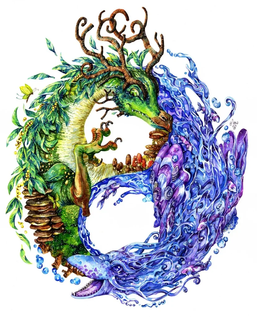 Yin & Yang Dragons, a watercolor painting by Jasu